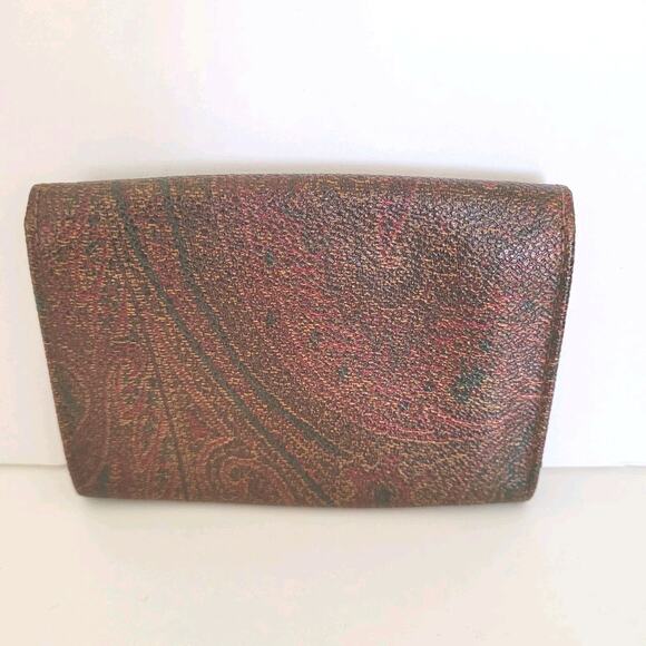 Etro Vintage Brown Paisley Card Small Leather Mini Wallet Compact Logo Italian - Picture 2 of 10